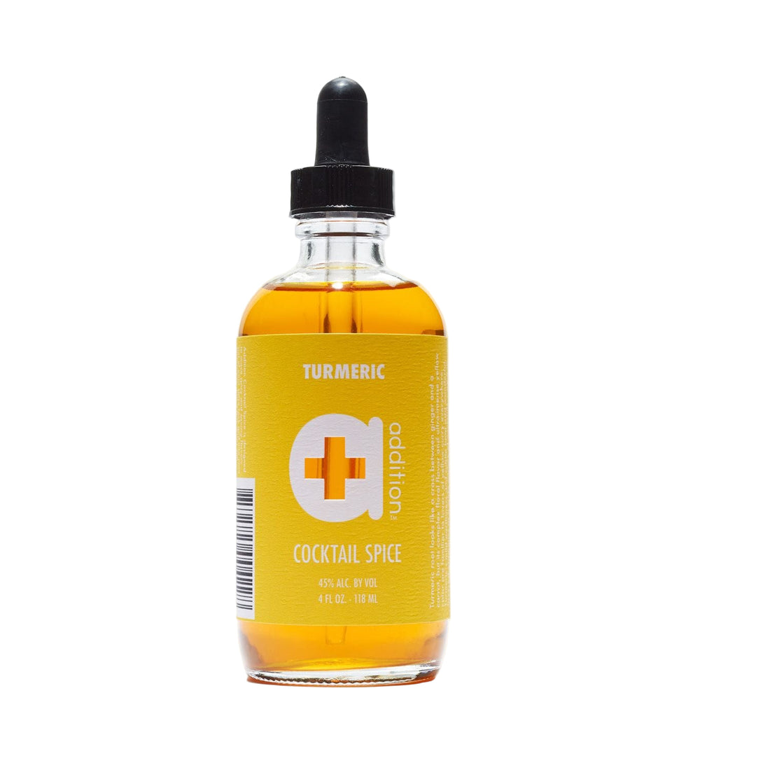 A bottle of Turmeric Cocktail Spice with a yellow label on a white background.