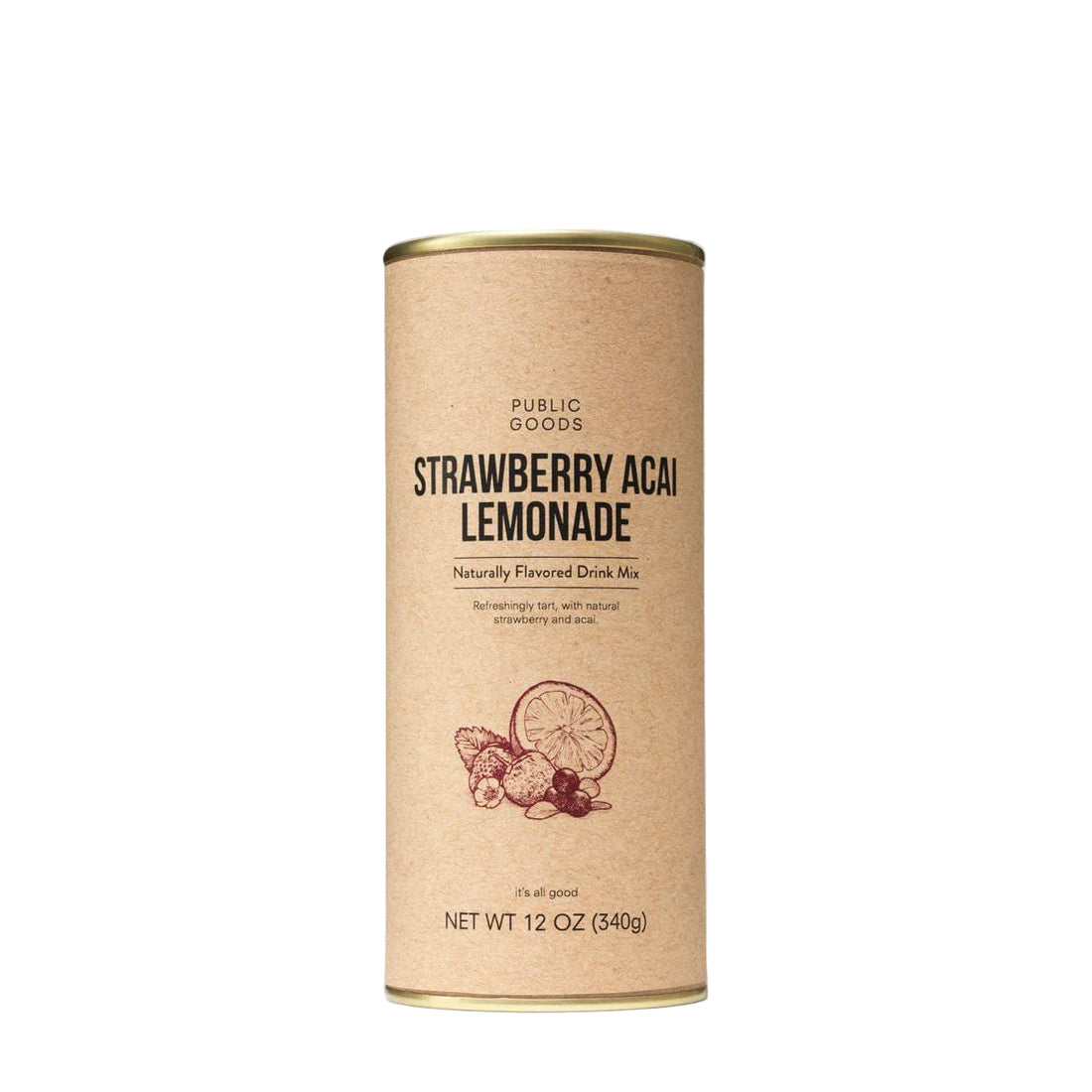 A recyclable paper cannister labeled 'PUBLIC GOODS Strawberry Acai Lemonade' with an illustration of a strawberry and acai berry, indicating the flavor of the beverage.