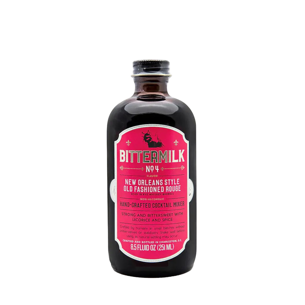 A bottle of Bittermilk No. 4 New Orleans Style Old Fashioned Bittersweet Cocktail Syrup.