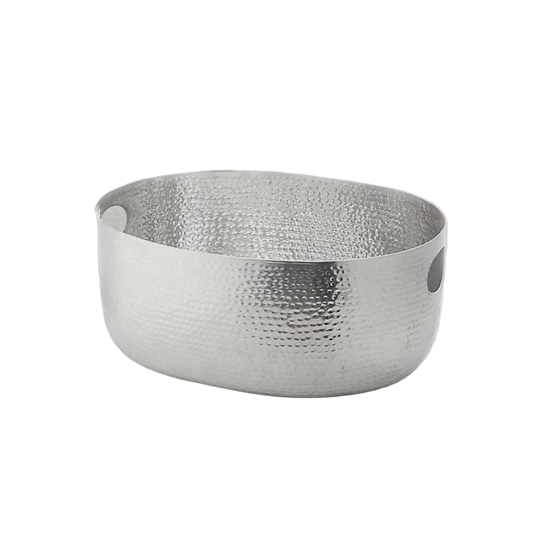 A small silver oval tub with hand hammered aluminum handle, displayed against a white background.