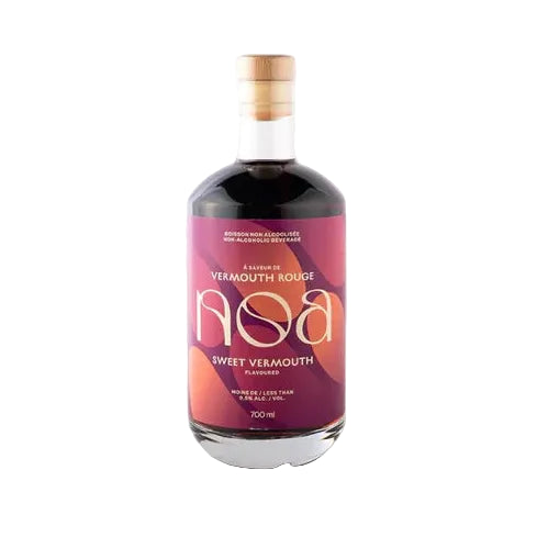 A bottle of Monsieur Cocktail 'Noa' Non-Alcoholic Red Sweet Vermouth with a purple label and gold accents on the cap and neck.