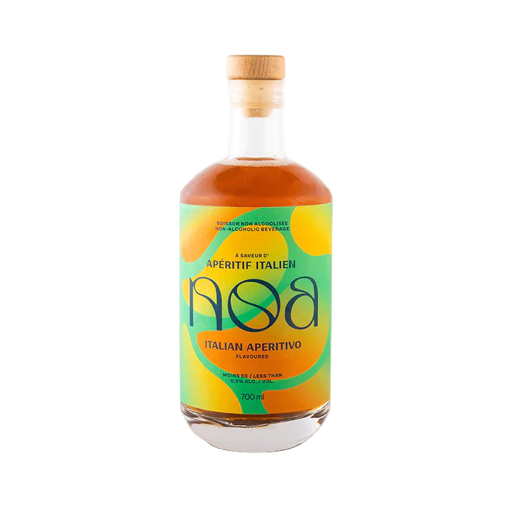 A bottle of Monsieur Cocktail 'Noa' non-alcoholic Italian aperitivo with a colorful label.