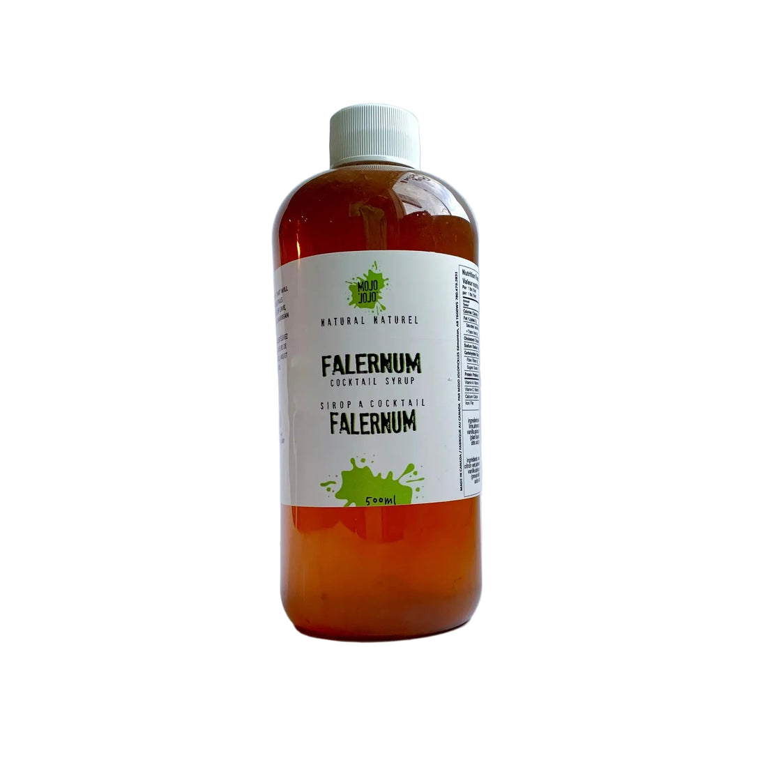 A 250ml BPA Free bottle of Falernum Cocktail Syrup with a white and green label, the syrup appears clear.
