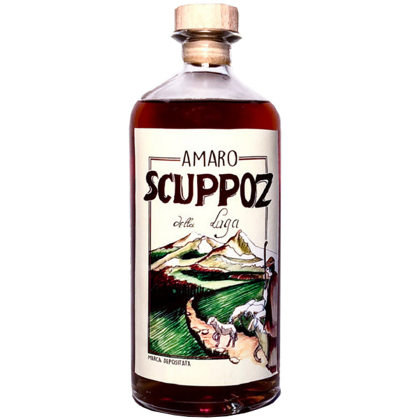 This image features a bottle of Amaro della Laga 'Scuppoz', a rare style of amaro liqueur. The bottle is tall and slender with a classic design, featuring a label that illustrates a scenic mountainous landscape beneath a sky.