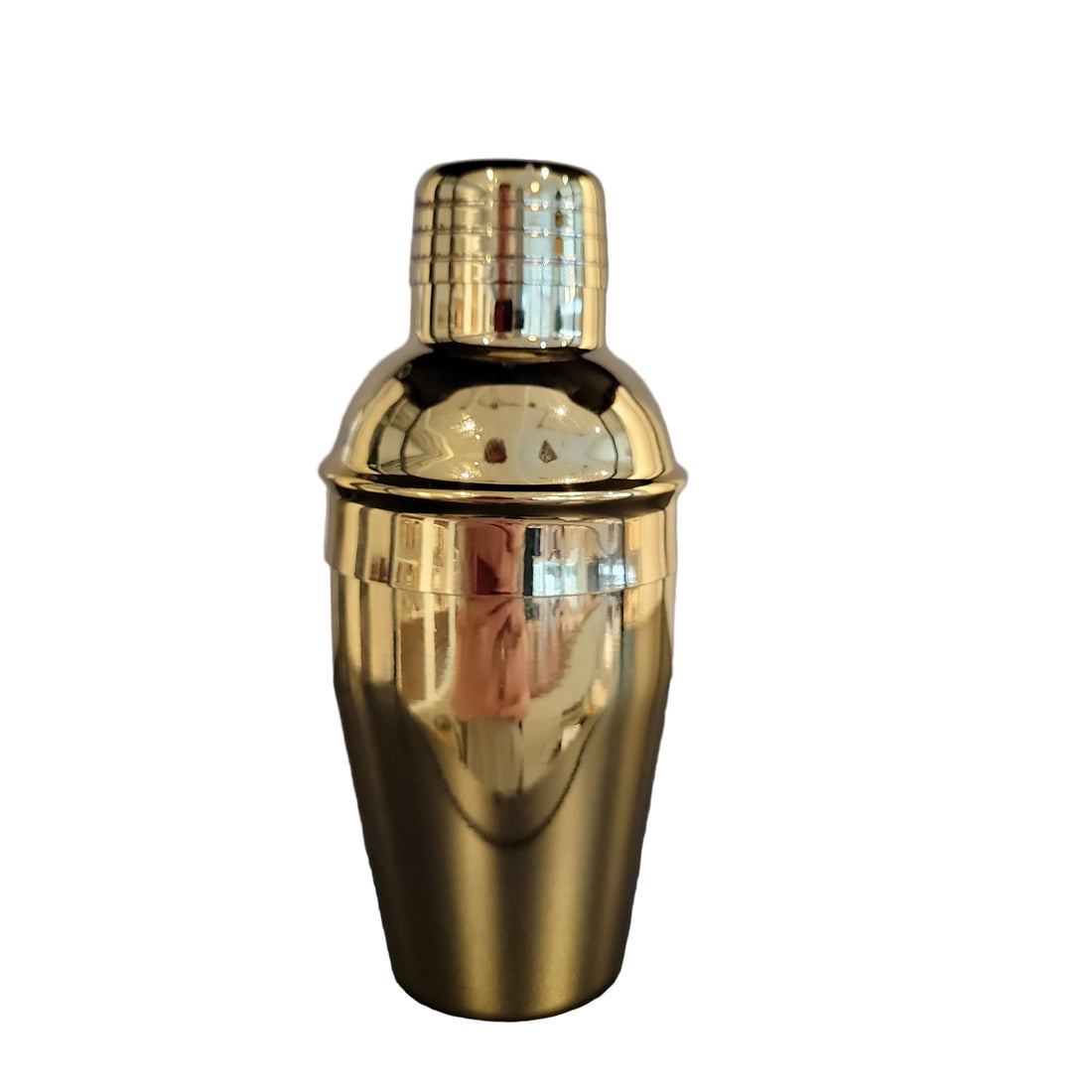 A gold-colored metal cocktail shaker with a capacity of 350ml, featuring a cap and strainer.