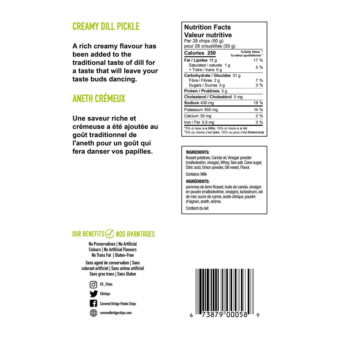 Covered Bridge Creamy Dill Chips - Large Bag 170g