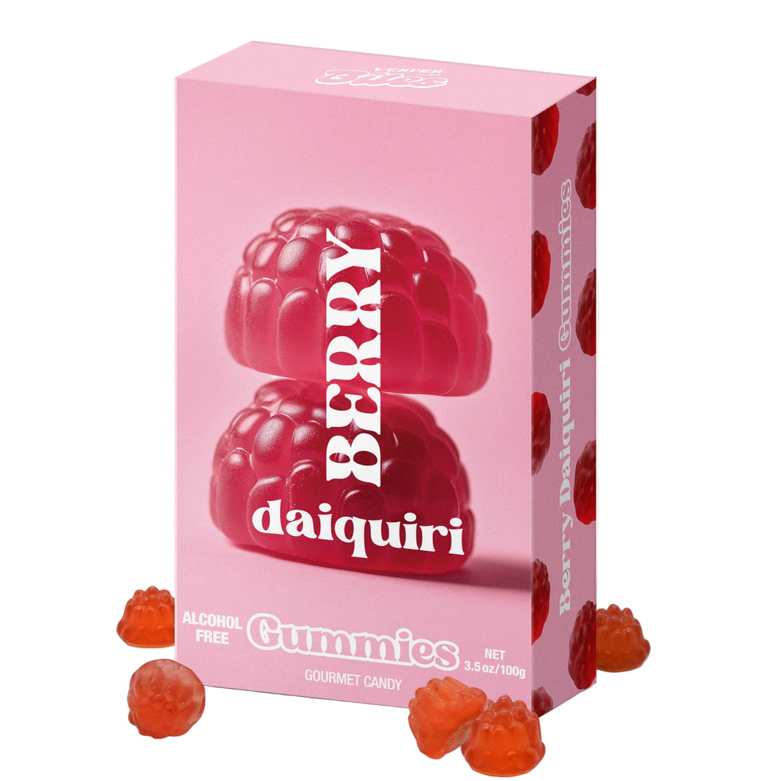 Pink box of berry daiquiri gummies with red gummy bears on a white background