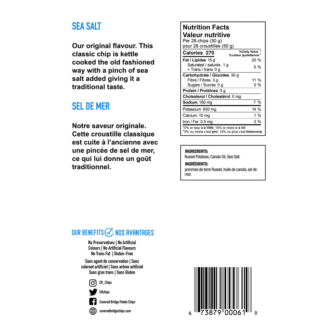 Covered Bridge Sea Salt Chips - Large Bag 170g